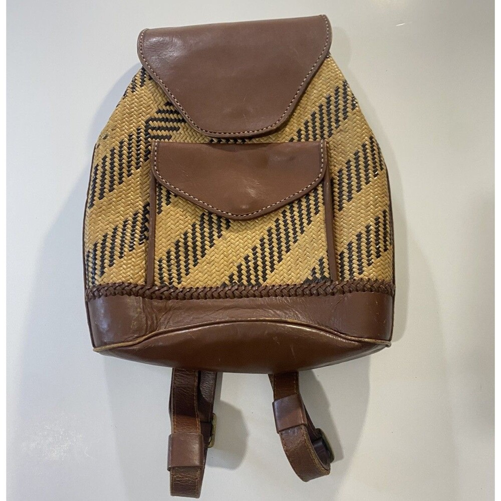 VTG Handmade Inge Christopher Woven Straw Leather Backpack Brown Indolink Boho
